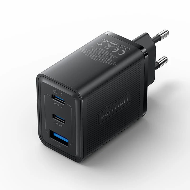 Vention 3-Port USB (C+C+A) GaN Charger (65W/65W/60W) EU-Plug Black