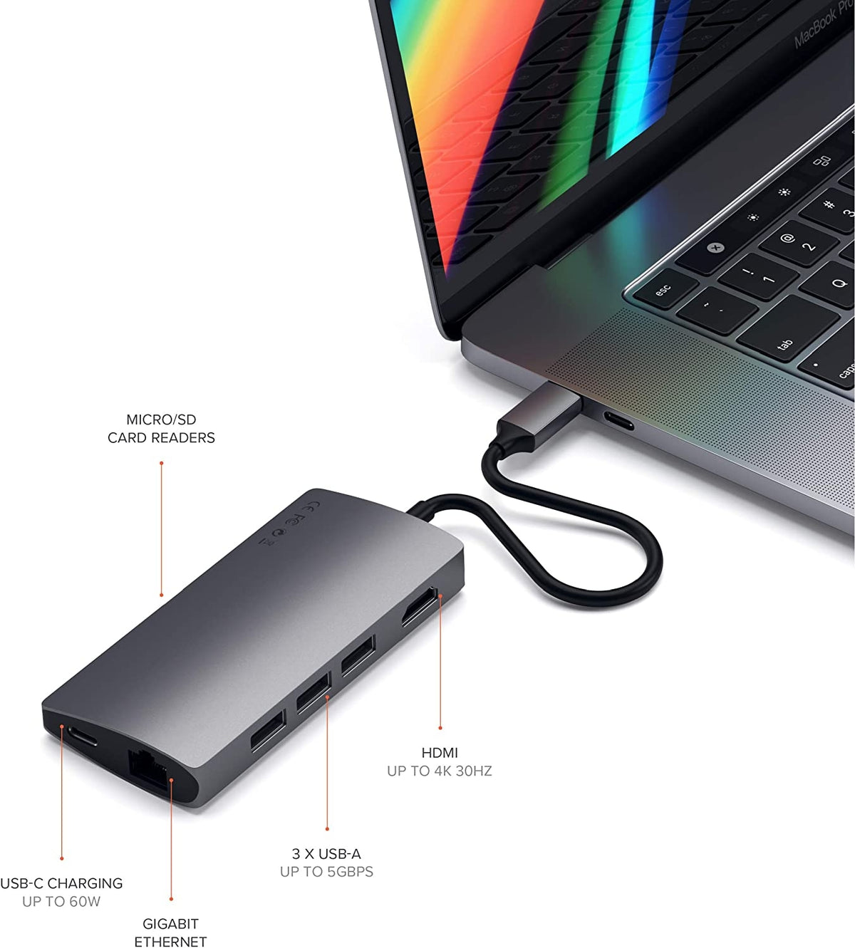 Satechi Type-C USB 4K Multiport Adapter Hub V2 - Mε 1x USB Type-C / 3x USB 3.0 / 1x HDMI / 1x Micro SD / SD / 1x Ethernet - S