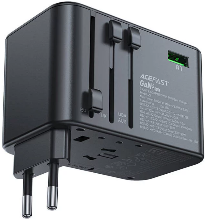 Acefast Z1 Travel Plug Charging GaN 2300W Adapter - Ταχυφορτιστής Ταξιδιού με Βύσμα EU / US / UK / AU και Θύρες 3 x Type-C / 