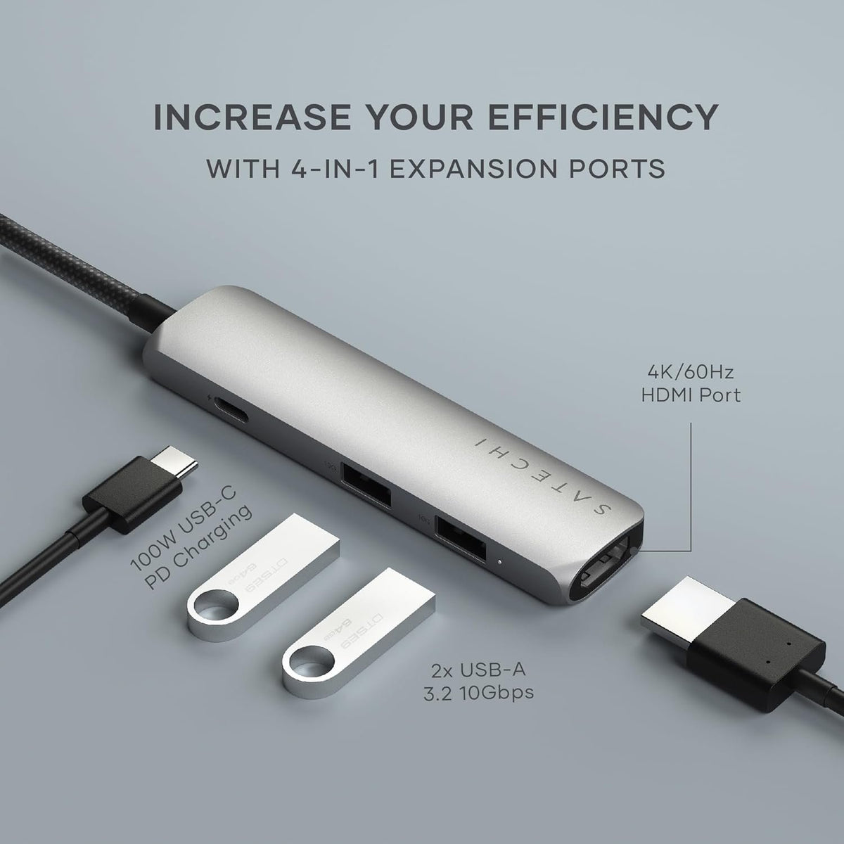 Αντάπτορας Satechi 4in1 USB-C Slim Multiport 4K Adapter Type-C (male) σε 2 x USB-A 10Gbps 1 x Type-C 85W 1 x HDMI 4K - Space 