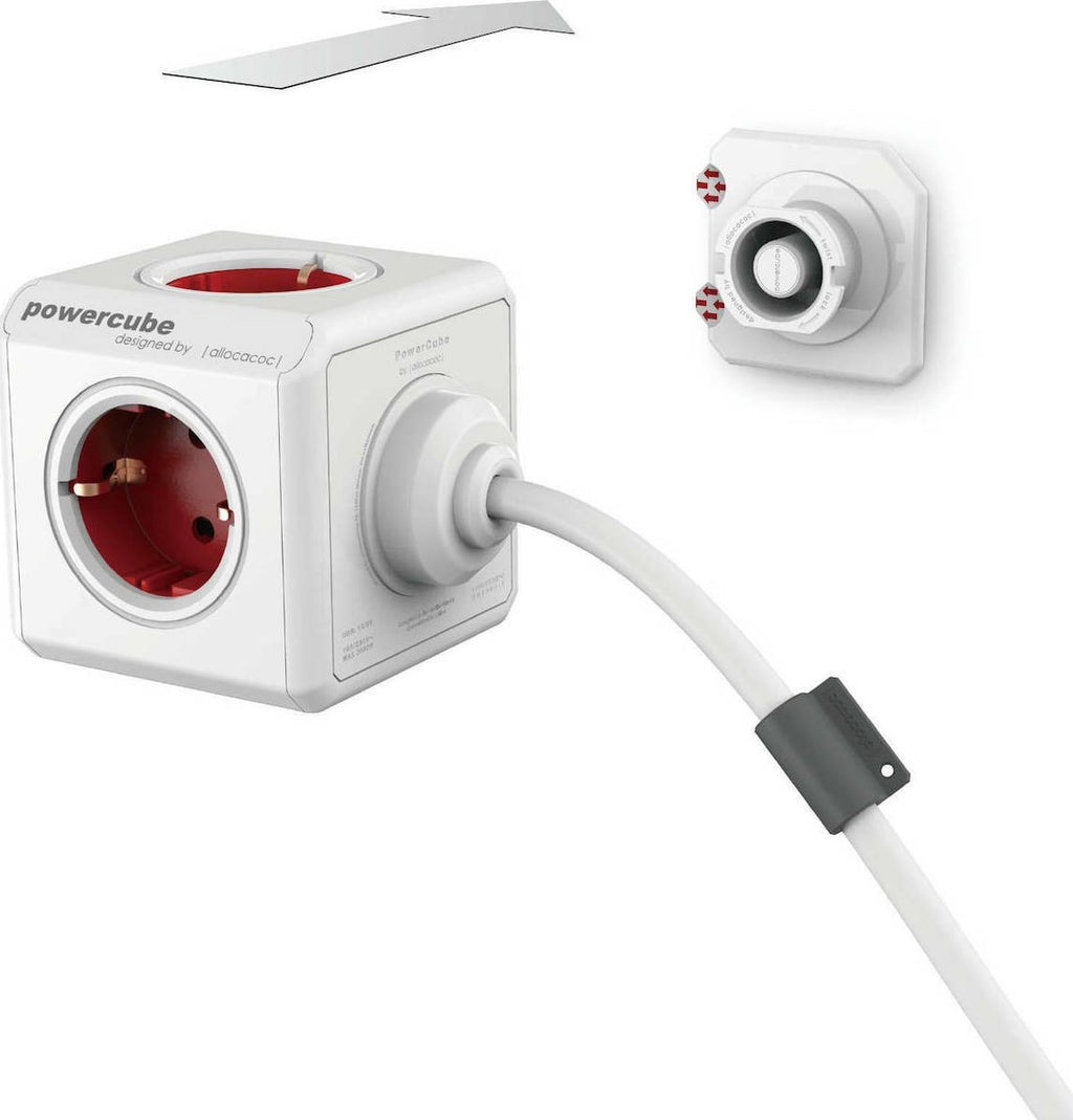 Allocacoc PowerCube Extended USB - Πολύπριζο με 4 Υποδοχές 3680W & Καλώδιο 150cm - 2 x USB-A - 10.5W - Boston Red - 2 Έτη Εγγ