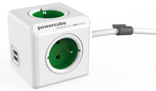 Allocacoc PowerCube Extended USB - Πολύπριζο με 4 Υποδοχές 3680W & Καλώδιο 150cm - 2 x USB-A - 10.5W - Kelly Green - 2 Έτη Εγ