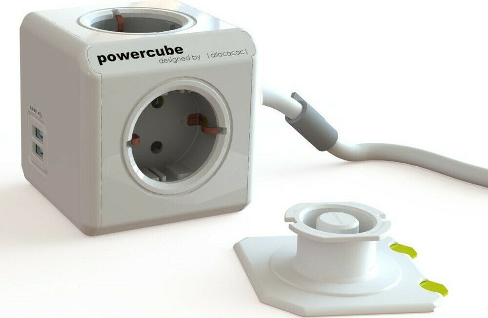 Allocacoc PowerCube Extended USB - Πολύπριζο με 4 Υποδοχές 3680W & Καλώδιο 150cm - 2 x USB-A - 10.5W - Trolley Grey - 2 Έτη Ε