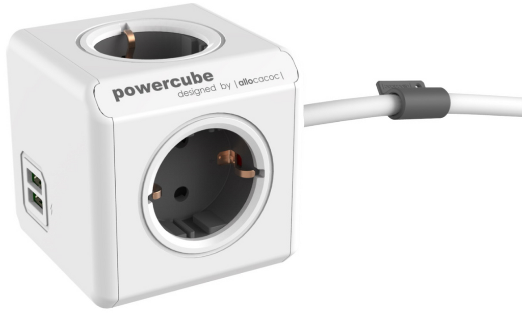 Allocacoc PowerCube Extended USB - Πολύπριζο με 4 Υποδοχές 3680W & Καλώδιο 150cm - 2 x USB-A - 10.5W - Trolley Grey - 2 Έτη Ε