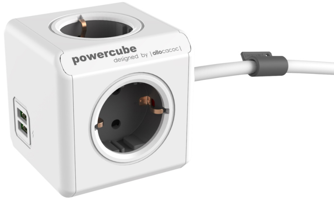 Allocacoc PowerCube Extended USB - Πολύπριζο με 4 Υποδοχές 3680W & Καλώδιο 150cm - 2 x USB-A - 10.5W - Trolley Grey - 2 Έτη Ε