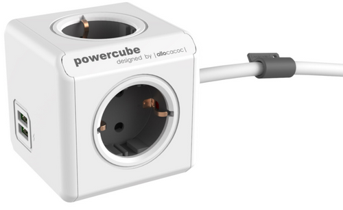 Allocacoc PowerCube Extended USB - Πολύπριζο με 4 Υποδοχές 3680W & Καλώδιο 150cm - 2 x USB-A - 10.5W - Trolley Grey - 2 Έτη Ε