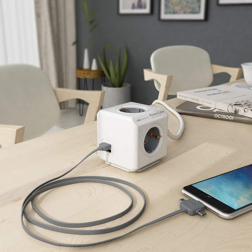 Allocacoc PowerCube Extended USB - Πολύπριζο με 4 Υποδοχές 3680W & Καλώδιο 150cm - 2 x USB-A - 10.5W - Trolley Grey - 2 Έτη Ε
