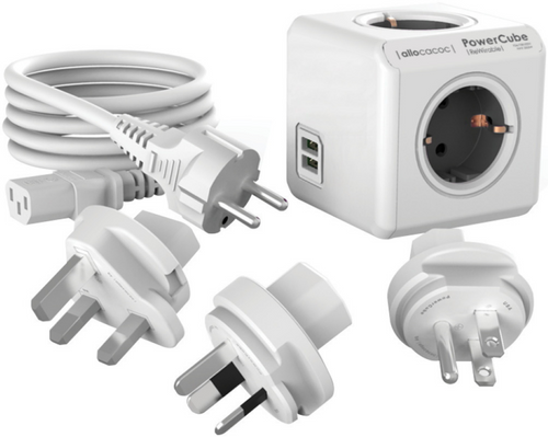 Allocacoc PowerCube Rewirable USB - Πολύπριζο με 4 Υποδοχές Type-F 2500W / 2 x USB-A 10.5W / 3 x Βύσματα US / UK / AU & 1 x Κ