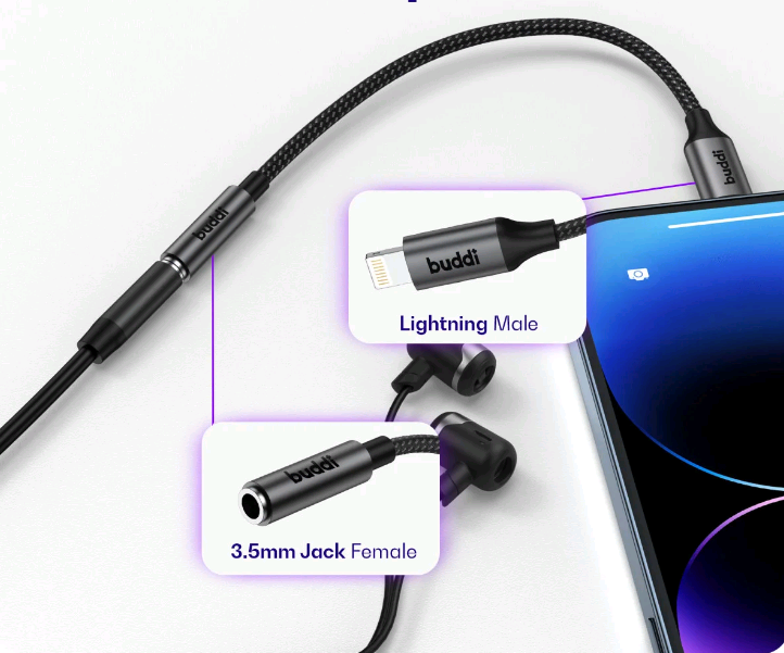 Αντάπτορας Ήχου Buddi Ease Lightning (Male) σε 3.5mm Jack Aux (Female) με DAC Τσιπ 5 Έτη Εγγύηση - Black (8719246459344)