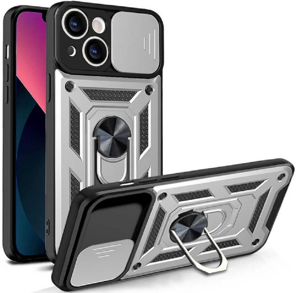 Bodycell Armor Slide - Ανθεκτική Θήκη Apple iPhone 13 με Κάλυμμα για την Κάμερα & Μεταλλικό Ring Holder - Silver (52060150138