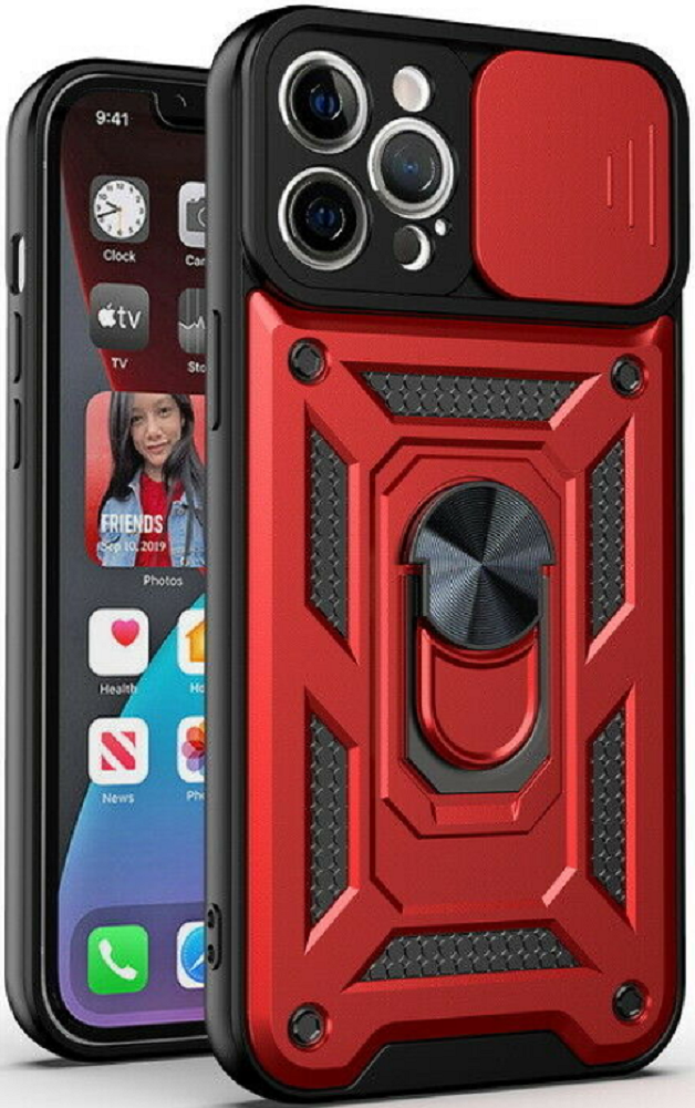 Bodycell Armor Slide - Ανθεκτική Θήκη Apple iPhone 13 Pro Max με Κάλυμμα για την Κάμερα & Μεταλλικό Ring Holder - Red (520601