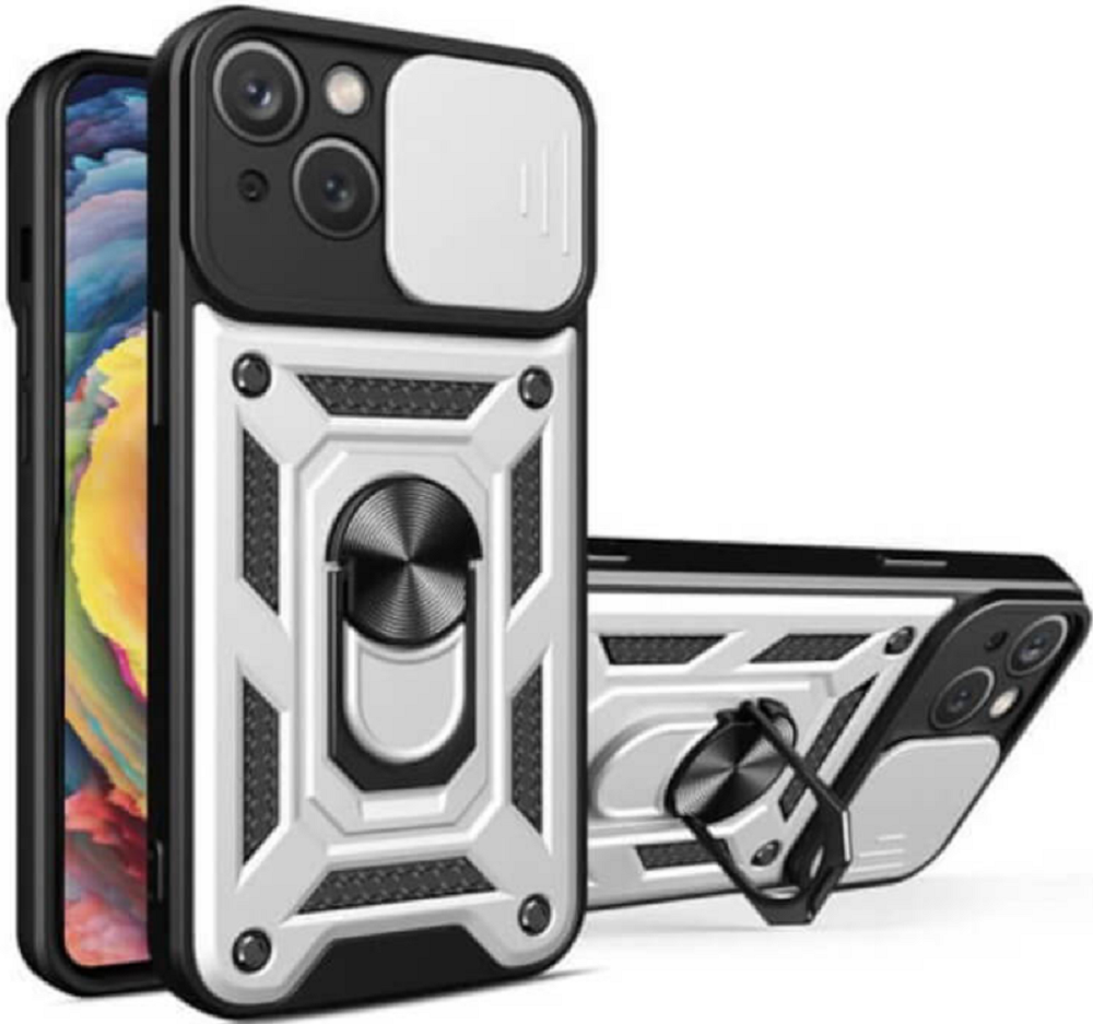 Bodycell Armor Slide - Ανθεκτική Θήκη Apple iPhone 14 με Κάλυμμα για την Κάμερα & Μεταλλικό Ring Holder - Silver (52060150255