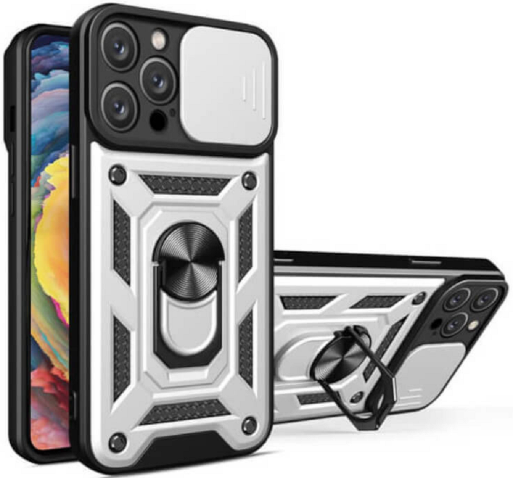 Bodycell Armor Slide - Ανθεκτική Θήκη Apple iPhone 14 Pro Max με Κάλυμμα για την Κάμερα & Μεταλλικό Ring Holder - Silver (520