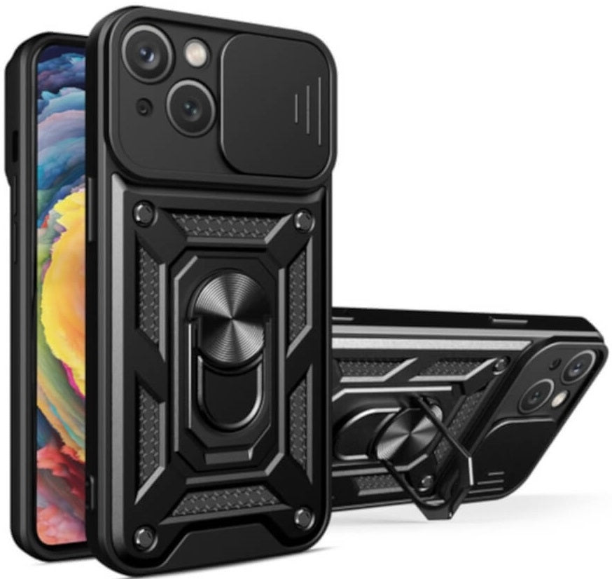 Bodycell Armor Slide - Ανθεκτική Θήκη Apple iPhone 15 με Κάλυμμα για την Κάμερα & Μεταλλικό Ring Holder - Black (520601501599