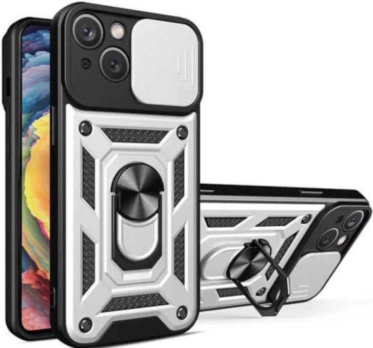 Bodycell Armor Slide - Ανθεκτική Θήκη Apple iPhone 15 με Κάλυμμα για την Κάμερα & Μεταλλικό Ring Holder - Silver (52060150172