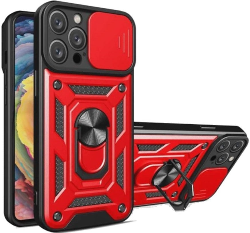 Θήκη Apple iPhone 15 Pro Max - Bodycell Armor Slide Ανθεκτική με Κάλυμμα για την Κάμερα & Μεταλλικό Ring Holder - Red (520601