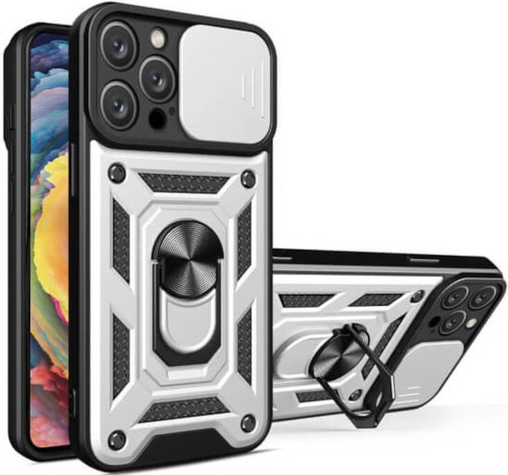 Bodycell Armor Slide - Ανθεκτική Θήκη Apple iPhone 15 Pro με Κάλυμμα για την Κάμερα & Μεταλλικό Ring Holder - Silver (5206015