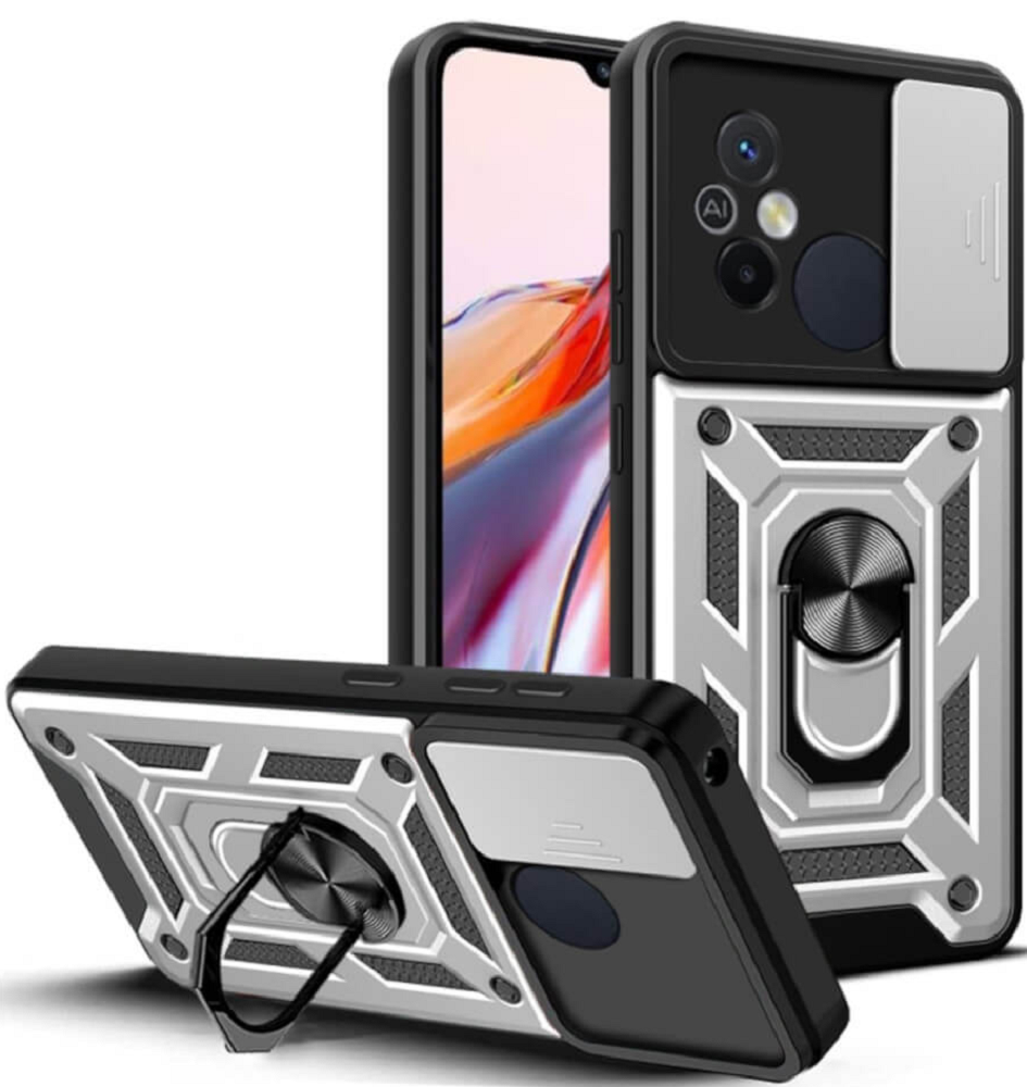 Bodycell Armor Slide - Ανθεκτική Θήκη Xiaomi Redmi 12C με Κάλυμμα για την Κάμερα & Μεταλλικό Ring Holder - Silver (5206015012