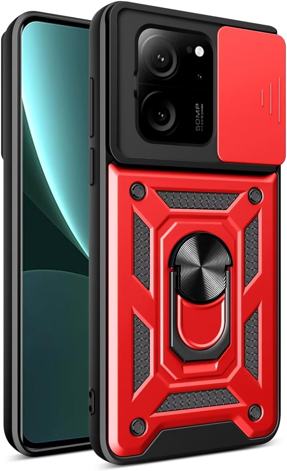 Bodycell Armor Slide - Ανθεκτική Θήκη Xiaomi 13T / 13T Pro με Κάλυμμα για την Κάμερα & Μεταλλικό Ring Holder - Red (520601507