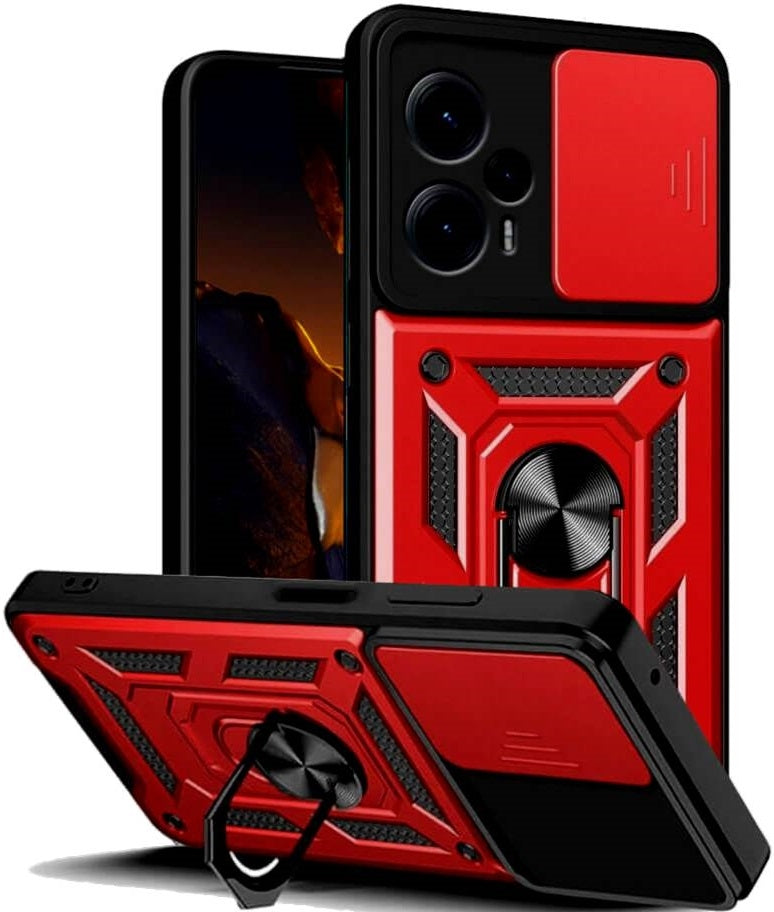 Bodycell Armor Slide - Ανθεκτική Θήκη Xiaomi Poco F5 με Κάλυμμα για την Κάμερα & Μεταλλικό Ring Holder - Red (5206015022081)