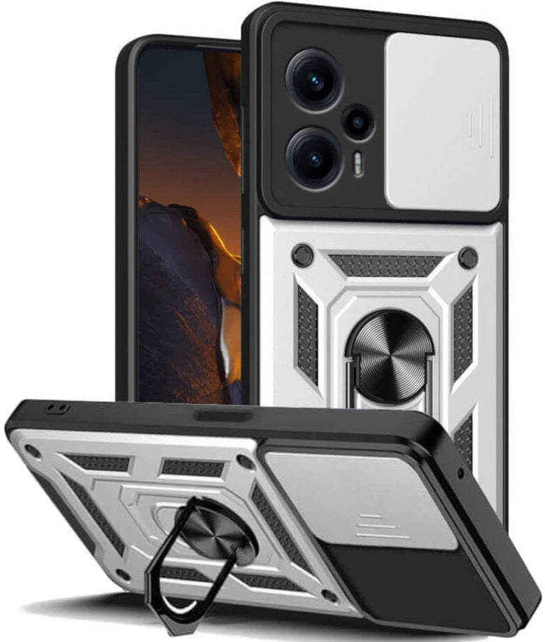 Bodycell Armor Slide - Ανθεκτική Θήκη Xiaomi Poco F5 με Κάλυμμα για την Κάμερα & Μεταλλικό Ring Holder - Silver (520601502231