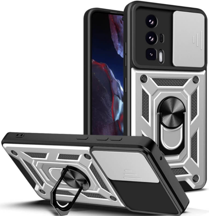 Bodycell Armor Slide - Ανθεκτική Θήκη Xiaomi Poco F5 Pro με Κάλυμμα για την Κάμερα & Μεταλλικό Ring Holder - Silver (52060150
