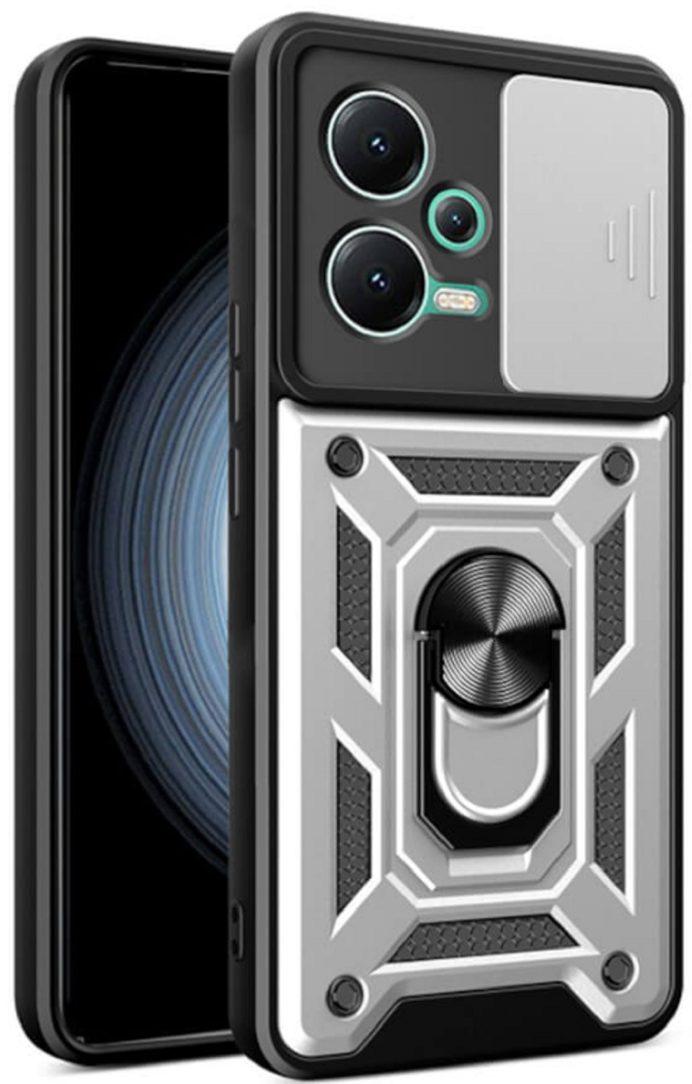 Bodycell Armor Slide - Ανθεκτική Θήκη Xiaomi Poco X5 με Κάλυμμα για την Κάμερα & Μεταλλικό Ring Holder - Silver (520601501190