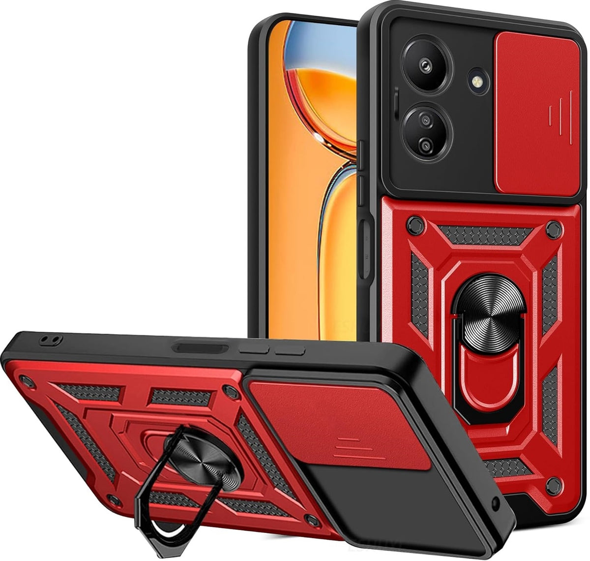 Bodycell Armor Slide - Ανθεκτική Θήκη Xiaomi Redmi 13C 4G / Poco C65 με Κάλυμμα για την Κάμερα & Μεταλλικό Ring Holder - Red 