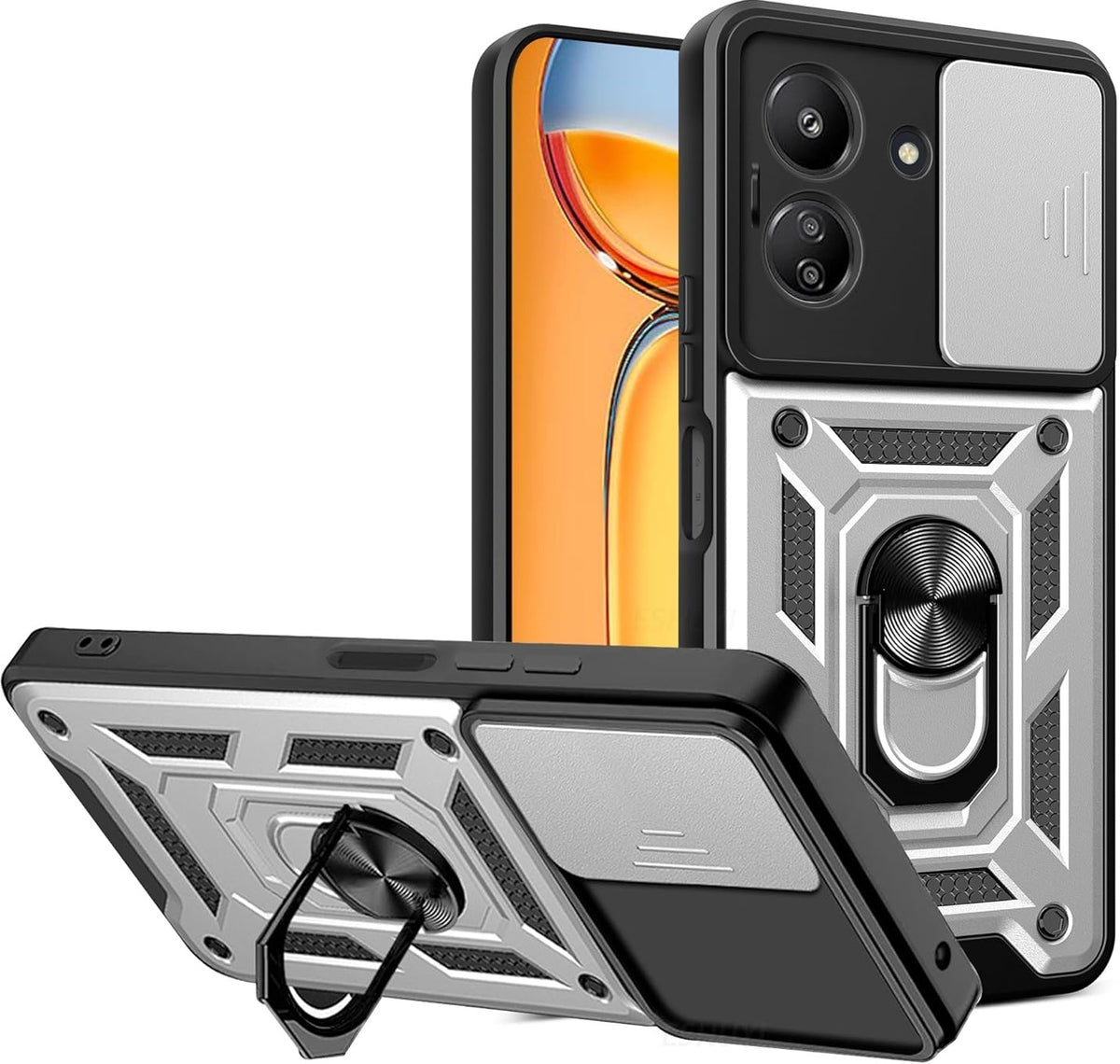 Bodycell Armor Slide - Ανθεκτική Θήκη Xiaomi Redmi 13C 4G / Poco C65 με Κάλυμμα για την Κάμερα & Μεταλλικό Ring Holder - Silv