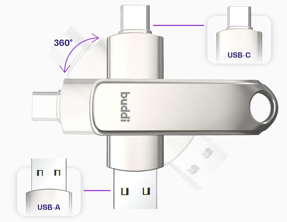 USB-A & Type-C Stick Buddi Dual Memory Stick USB 3.1 128GB για iOS & Android 5 Έτη Εγγύηση - Grey