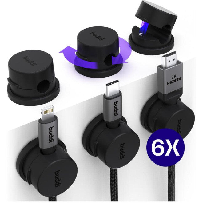 Οργανωτής Καλωδίων Buddi Sorted Cable Clip Μαγνητικός & Περιστρεφόμενος με Αυτοκόλλητο 6 Τεμάχια 5 Έτη Εγγύηση - Black