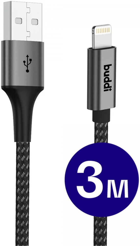 Buddi Flex - Καλώδιο Φόρτισης και Μεταφοράς Δεδομένων USB-A σε Lightning - 300cm - 12W - Black - 5 Έτη Εγγύηση (8719246446139