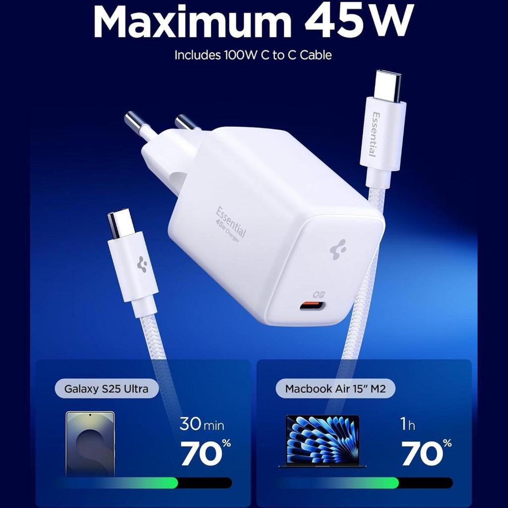 Spigen EE451EU GaN Pro Φορτιστής USB-C 45W με Καλώδιο USB-C 100W - White
