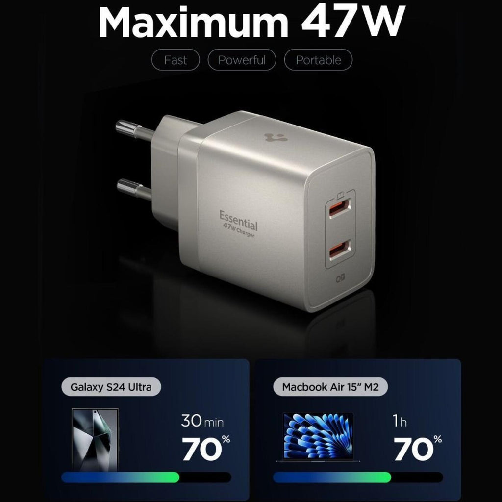 Φορτιστής Spigen EE472EU Essential Wall Charger GaN Γρήγορος Ταξιδιού / Αντάπτορας με 2 x Type-C 47W - Natural Titanium (ACH1