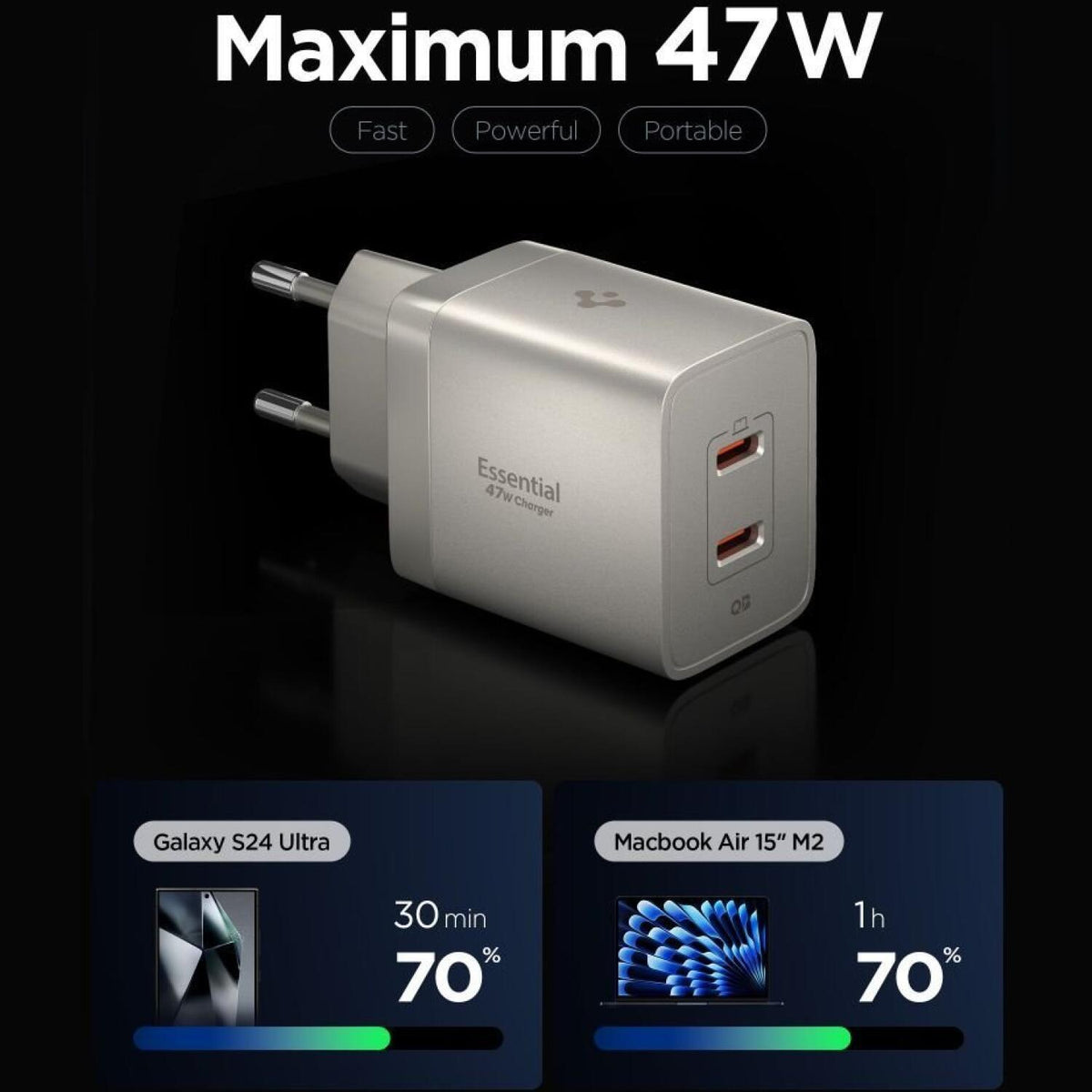 Φορτιστής Spigen EE472EU Essential Wall Charger GaN Γρήγορος Ταξιδιού / Αντάπτορας με 2 x Type-C 47W - Natural Titanium (ACH1