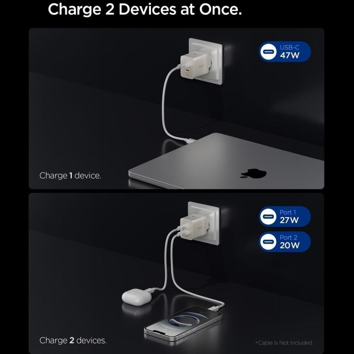 Φορτιστής Spigen EE472EU Essential Wall Charger GaN Γρήγορος Ταξιδιού / Αντάπτορας με 2 x Type-C 47W - Natural Titanium (ACH1
