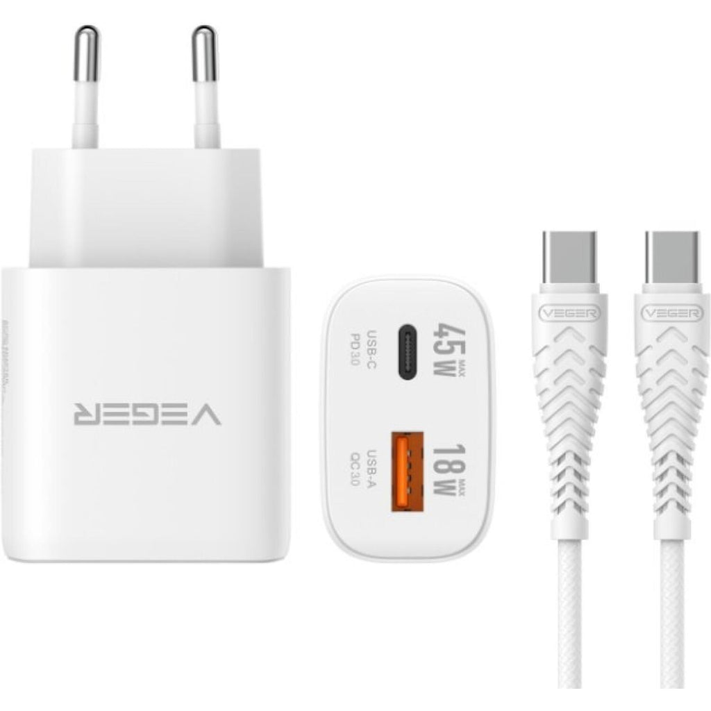 Φορτιστής Veger TR101 GaN Αντάπτορας με 1 x Type-C 45W / 1 x USB-A 18W & 1 x Καλώδιο Type-C σε Type-C 120cm - White (69775257