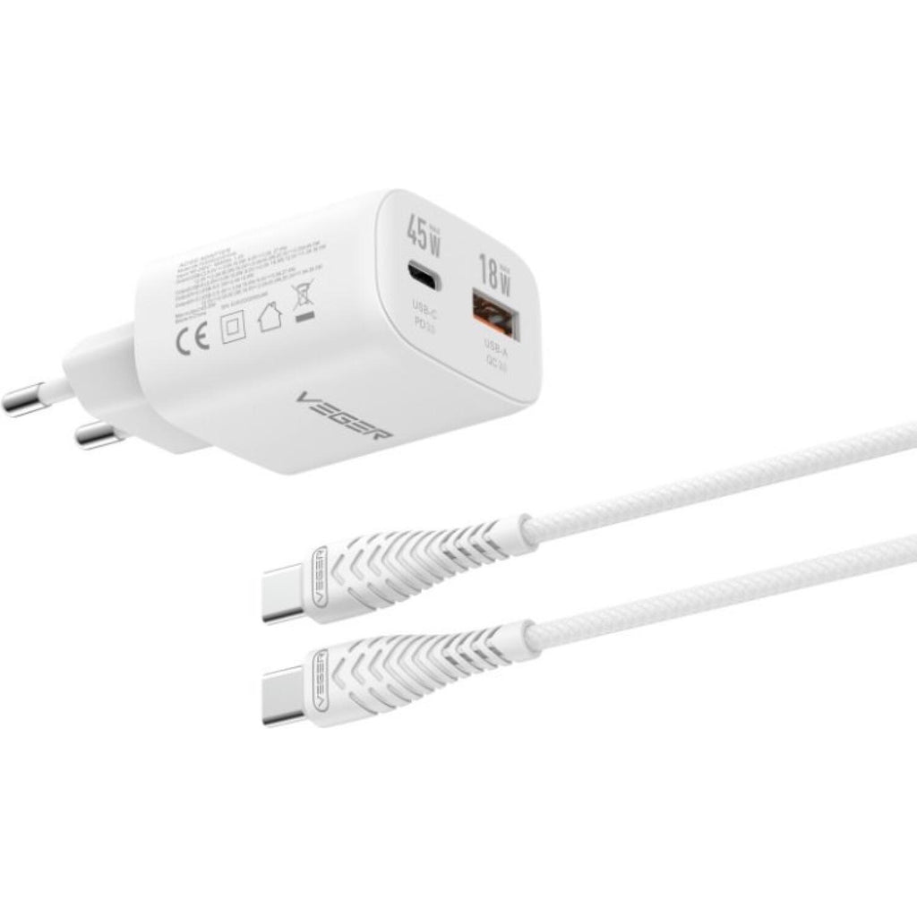 Φορτιστής Veger TR101 GaN Αντάπτορας με 1 x Type-C 45W / 1 x USB-A 18W & 1 x Καλώδιο Type-C σε Type-C 120cm - White (69775257