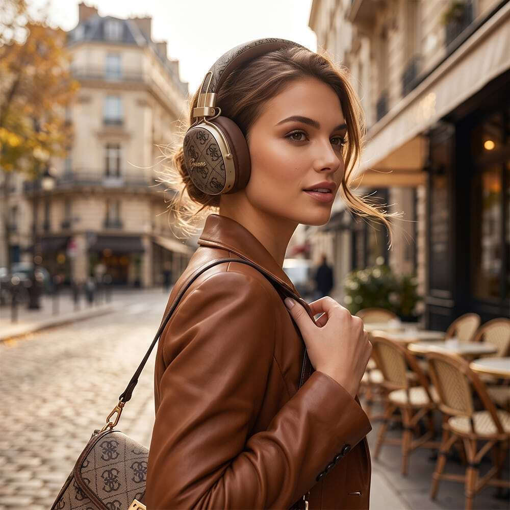 Guess 4G Gold Script Metal Ασύρματα Over Ear Ακουστικά Bluetooth 5.4 ENC Μαύρα