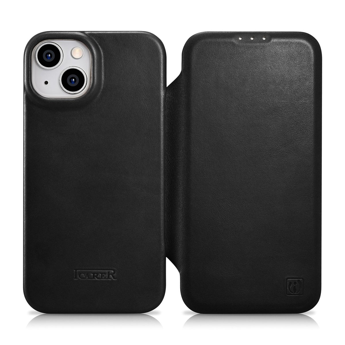 iCarer Curved Edge Oil Wax Leather Folio - Δερμάτινη MagSafe Flip Θήκη-Πορτοφόλι - Apple iPhone 14 - Black (AKI14220705-BK)