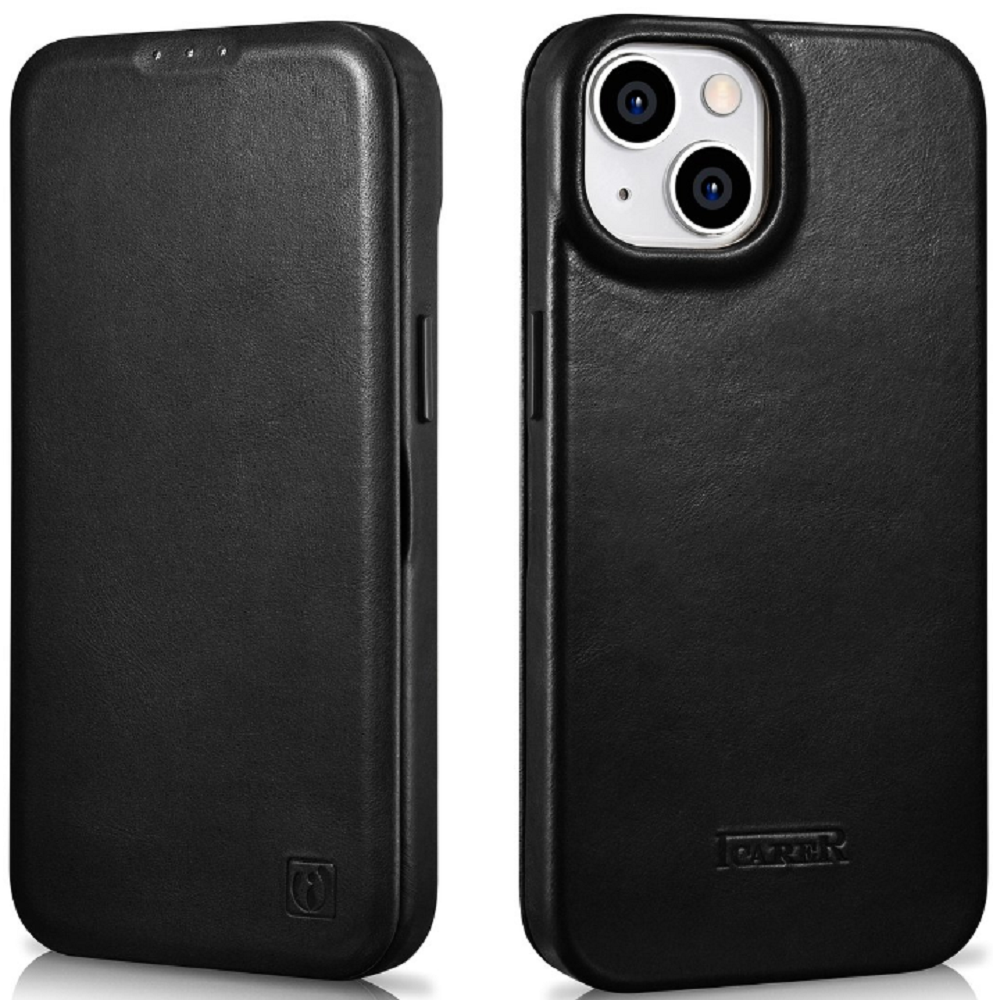 iCarer Curved Edge Oil Wax Leather Folio - Δερμάτινη MagSafe Flip Θήκη-Πορτοφόλι - Apple iPhone 14 - Black (AKI14220705-BK)
