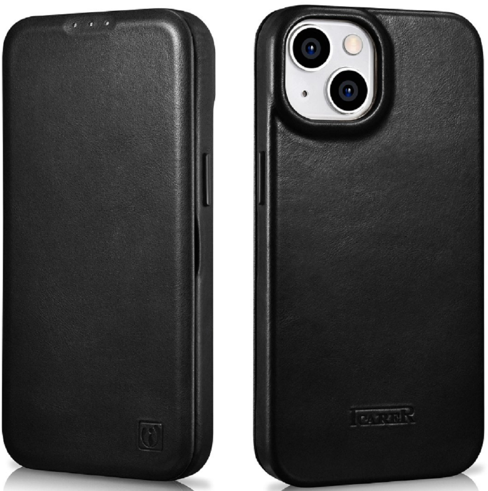 iCarer Curved Edge Oil Wax Leather Folio - Δερμάτινη MagSafe Flip Θήκη-Πορτοφόλι - Apple iPhone 14 Plus - Black (AKI14220707-