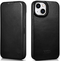 iCarer Curved Edge Oil Wax Leather Folio - Δερμάτινη MagSafe Flip Θήκη-Πορτοφόλι - Apple iPhone 14 Plus - Black (AKI14220707-