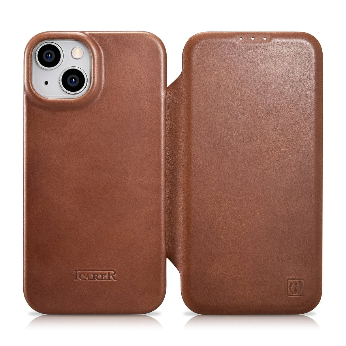 iCarer Curved Edge Oil Wax Leather Folio - Δερμάτινη MagSafe Flip Θήκη-Πορτοφόλι - Apple iPhone 14 Plus - Brown (AKI14220707-