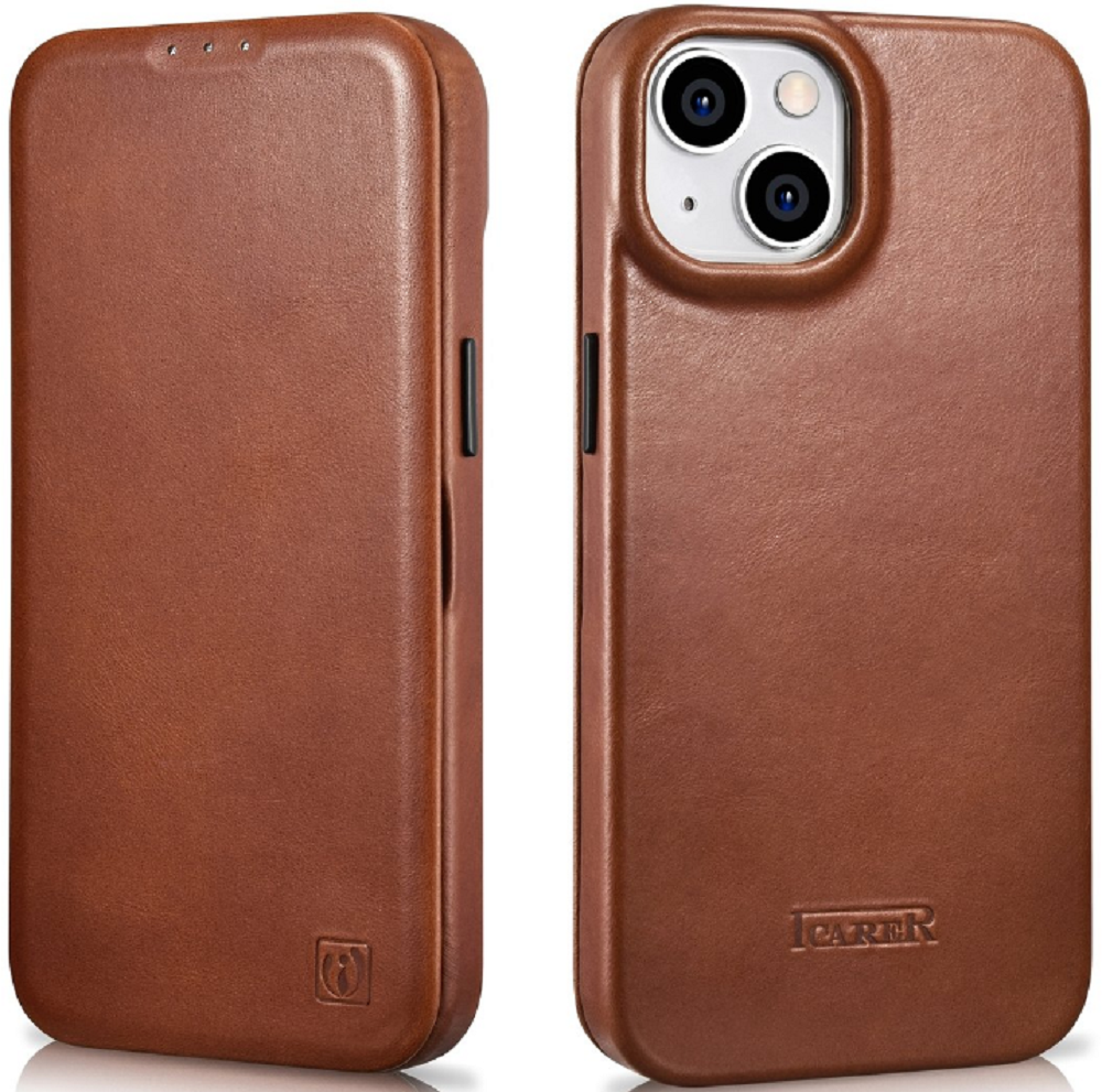 iCarer Curved Edge Oil Wax Leather Folio - Δερμάτινη MagSafe Flip Θήκη-Πορτοφόλι - Apple iPhone 14 Plus - Brown (AKI14220707-