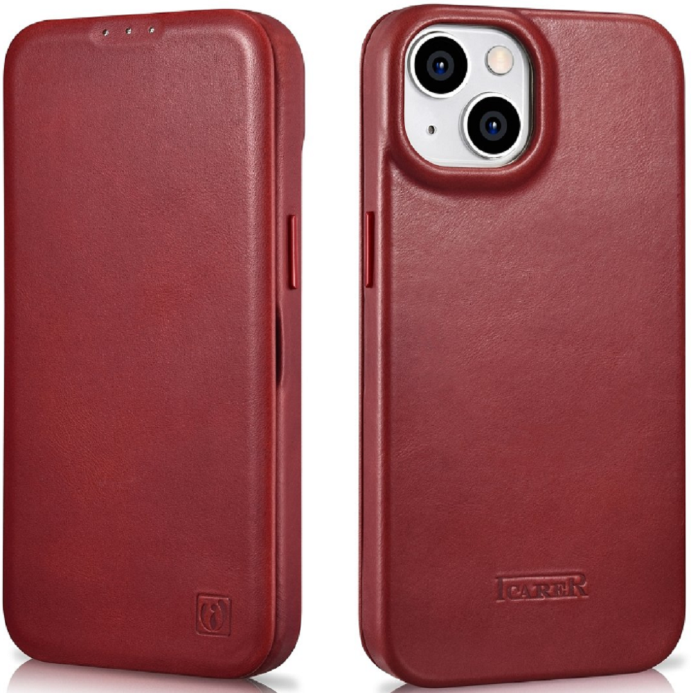 iCarer Curved Edge Oil Wax Leather Folio - Δερμάτινη MagSafe Flip Θήκη-Πορτοφόλι - Apple iPhone 14 Plus - Red (AKI14220707-RD
