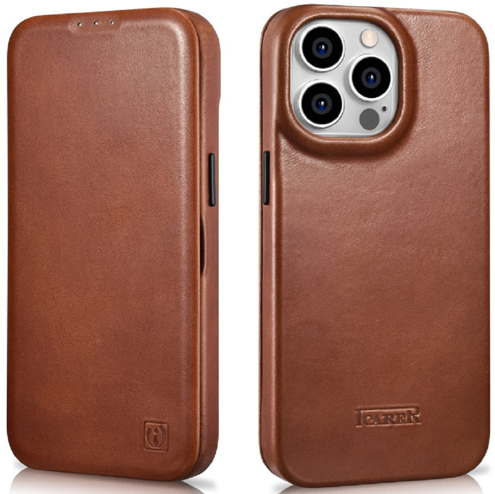 iCarer Curved Edge Oil Wax Leather Folio - Δερμάτινη MagSafe Flip Θήκη-Πορτοφόλι - Apple iPhone 14 Pro - Brown (AKI14220706-B