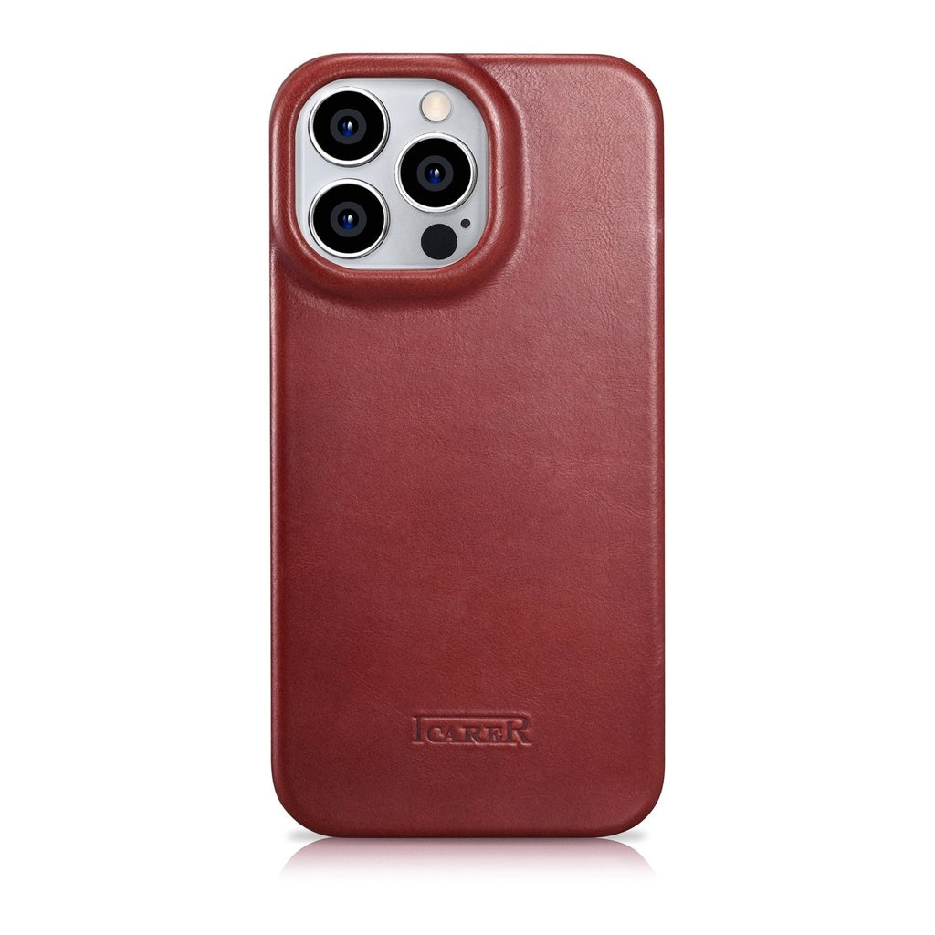 iCarer Curved Edge Oil Wax Leather Folio - Δερμάτινη MagSafe Flip Θήκη-Πορτοφόλι - Apple iPhone 14 Pro Max - Red (AKI14220708