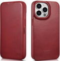 iCarer Curved Edge Oil Wax Leather Folio - Δερμάτινη MagSafe Flip Θήκη-Πορτοφόλι - Apple iPhone 14 Pro Max - Red (AKI14220708