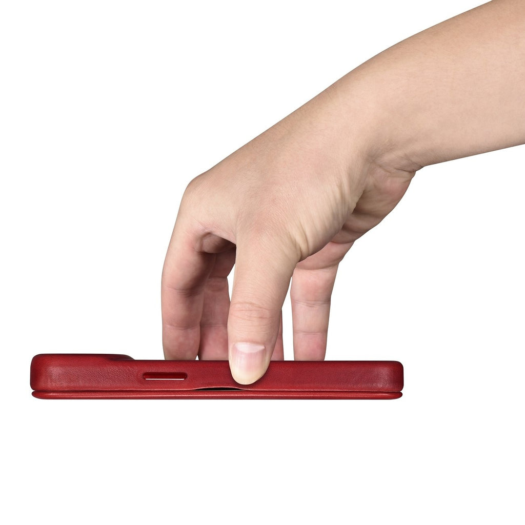 iCarer Curved Edge Oil Wax Leather Folio - Δερμάτινη MagSafe Flip Θήκη-Πορτοφόλι - Apple iPhone 14 Pro - Red (AKI14220706-RD)